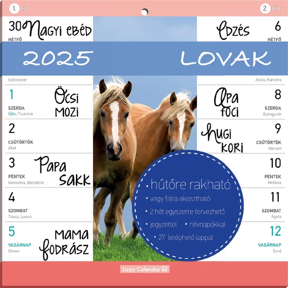 Hűtőmágneses naptár 2 heti 2025 Lovak