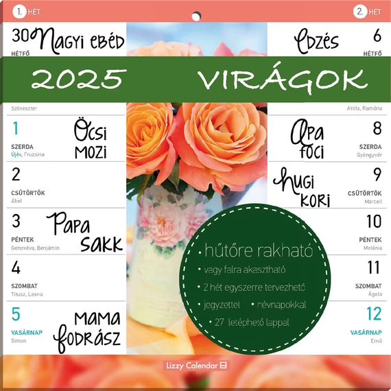 Hűtőmágneses naptár 2 heti 2025 Virágok