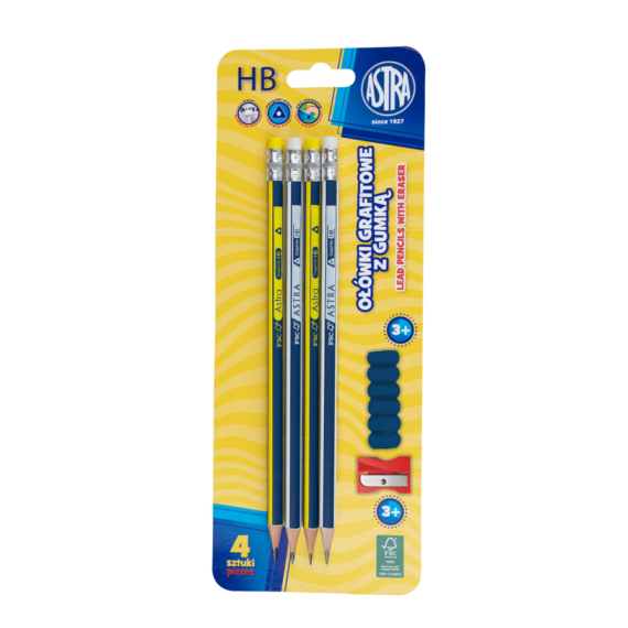 Astra Grafit ceruza HB 4 db-os ajándék radírral, hegyezővel ceruzafogást segítő szilikonnal