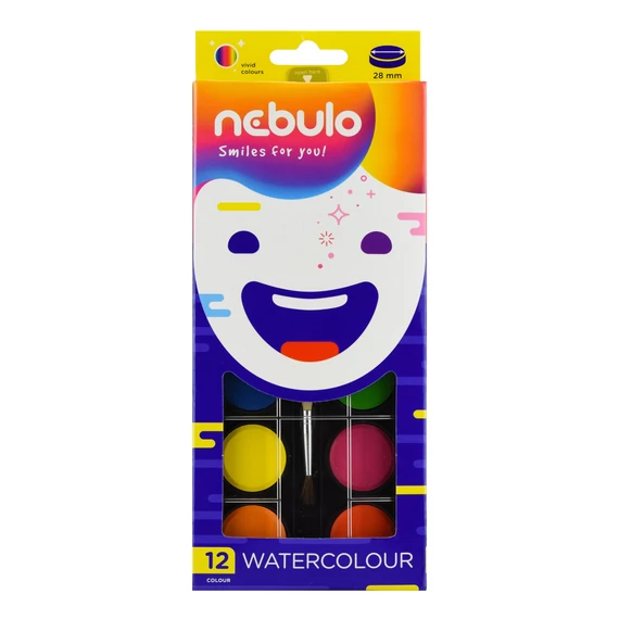 Nebulo Vízfesték készlet, 28 mm-es, 12 színes, ecsettel NVF-28-12